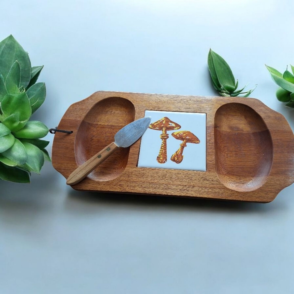 Vintage Wooden Cheese/Spread Platter with Ceramic Mushrooms Center Inla…